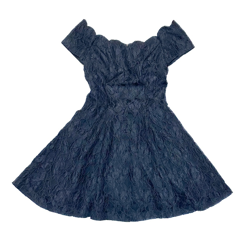 Vintage Black Widow Lace Scalloped Off Shoulder Fit + Flare Cocktail Dress